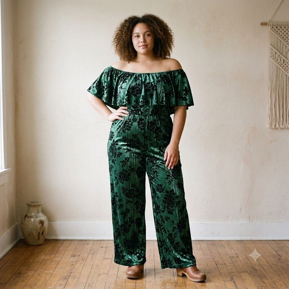 Unique Vintage Womens Jumpsuit 4X Green Floral Flounce Wide Leg Retro Party Glam